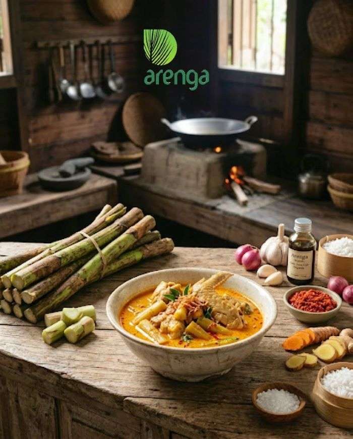 Semangkuk gulai birah Minangkabau hangat dengan potongan sayap ayam dalam kuah santan berbumbu pekat, disajikan di mangkuk keramik kuno. Di sekelilingnya terdapat properti batang talas mentah segar, rempah-rempah tradisional, dan sebotol Gula Aren Cair Organik Arenga, dengan latar belakang dapur kayu berpenerangan hangat dan tungku kayu bakar yang menyala.