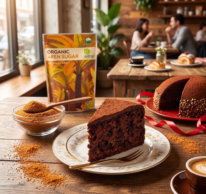 Visualisasi kisah dibalik gateau choco gula aren, menampilkan irisan kue cokelat klasik bersanding dengan kemasan Arenga Organic Palm Sugar di meja kafe yang hangat.