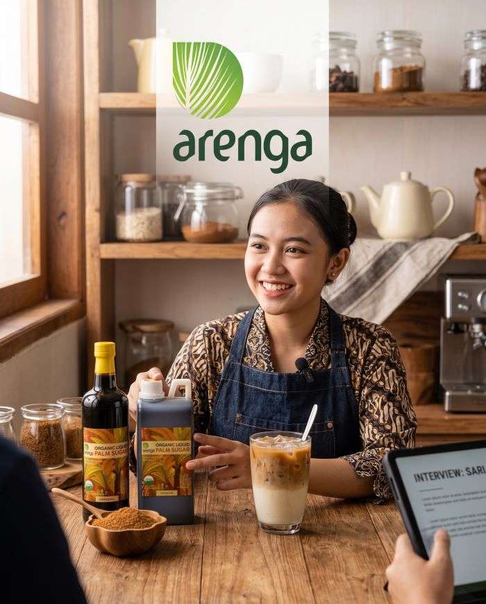 A warm portrait photograph of a young Indonesian woman barista named Sari, wearing batik, being interviewed at a coffee shop counter. She smiles as she points to a glass of iced latte and two bottles of Arenga Organic Liquid Palm Sugar. The green Arenga logo is at the top. On the table are products and a tablet with 'INTERVIEW: SARI' Profesi barista yang perlu kamu kenal