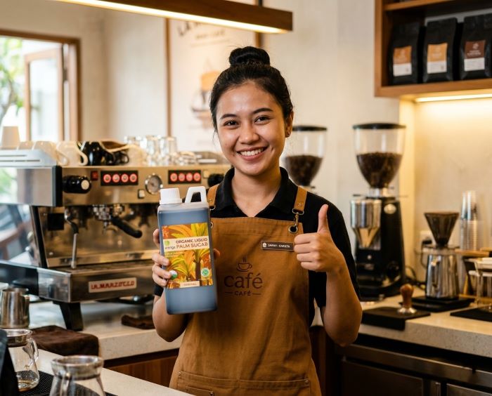 Seorang barista wanita Indonesia tersenyum manis ke arah kamera sambil mengacungkan jempol di dalam kedai kopi. Ia mengenakan celemek barista coffee berwarna cokelat yang serasi, berdiri di depan mesin espresso, dan tangan kanannya memegang sebotol produk Arenga Organic Liquid Palm Sugar (Gula Aren Cair).