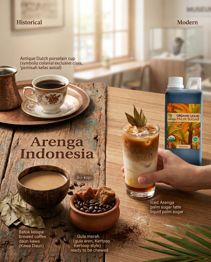 Kopi sebagai pemisah kelas sosial. A split-screen composition comparing 'Historical' and 'Modern' coffee cultures. On the left historical side, an antique, ornate Dutch porcelain cup on a copper tray sits above a descriptive text identifying it as a symbol of the colonial exclusive class, or 'pemisah kelas sosial'. Below it are a coconut shell bowl with brewed kawa daun coffee and a terracotta bowl of raw palm sugar chunks and coffee beans, with labels for 'Biji kopi' and 'Gula merah (gula aren, Kertoep style) ready to be chewed'. Scattered coffee leaves are present. On the right modern side, a hand holds a tall glass of iced Arenga palm sugar latte with a leaf garnish next to a bottle of Arenga Indonesia Organic Liquid Palm Sugar, set in a contemporary cafe environment. The modern latte is labeled 'Iced Arenga palm sugar latte liquid palm sugar'. Central text on the rough historical wood says 'Arenga Indonesia'. This visual contrast illustrates how coffee was a divider of social classes in the past, compared to a modern, more accessible palm sugar coffee.