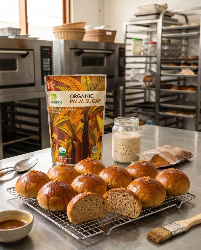 Barisan roti soymilk roll panggang berwarna cokelat keemasan di atas rak pendingin kawat dalam dapur komersial, disandingkan dengan stoples ragi alami dan kemasan Arenga Organic Palm Sugar, merepresentasikan peluang bisnis membuat roti dengan ragi alami.