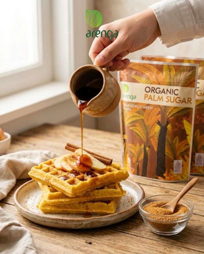 Gambar close-up tumpukan waffle cornmeal (jagung) hangat di atas piring keramik pedesaan. Sebuah tangan menuangkan sirup gelap dan kental (sirup apel gula aren) dari teko kecil ke atas waffle, yang dihiasi irisan apel tipis dan taburan kayu manis bubuk. Di dekatnya terdapat mangkuk kecil berisi gula aren bubuk dengan sendok kecil. Latar belakang meja kayu dengan cahaya jendela dan dua kemasan pouch 'Arenga Organic Palm Sugar' tampak buram